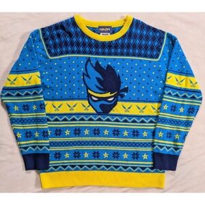 Fortnite Ninja Logo Fair Isle Ugly Christmas Video Gaming Sweater Blue Yellow L